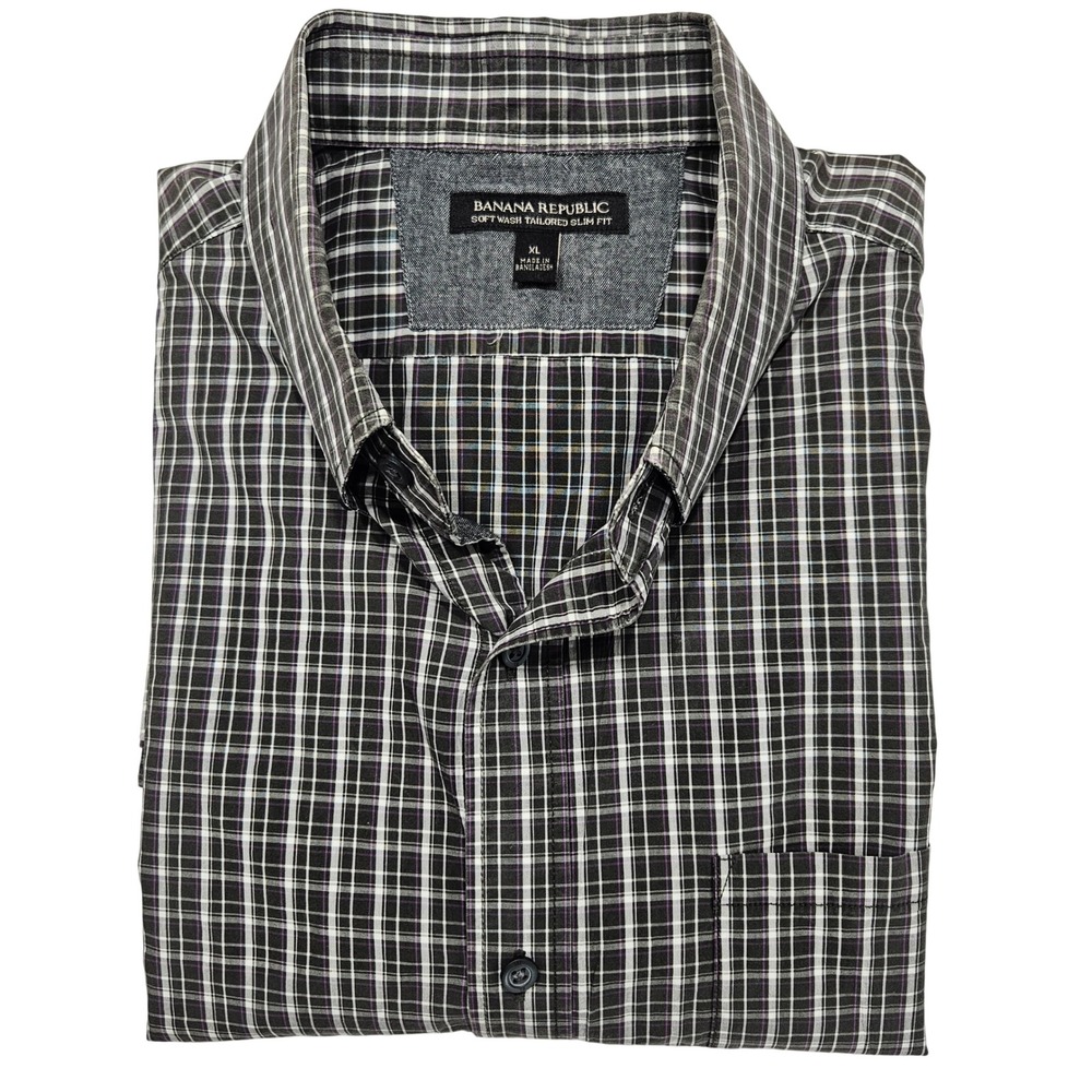 Banana Republic Soft Wash Tailored Slim Fit Gray Plaid Long Sleeve Shirt XL